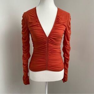 Wild Pony Sheer Ruched Mesh Long Sleeve Top Size Small Burnt Orange